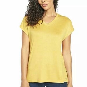 Women’s Orvis Yellow V-Neck Knit Short Sleeve Tunic Top Size Small